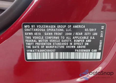 2017 Volkswagen Passat 1.8T S from USA, damaged, VIN 1VWAT7A38HC056207